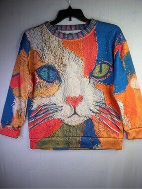 Colorful Cat Face Print Sweatshirt, Size Large
